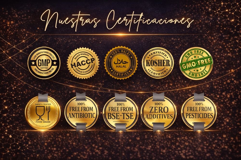 Certificaciones TriGLP: GMP, HACCP, Halal, Kosher, libre de OGM, libre de antibi&oacute;tico, libre de BSE-TSE, cero aditivos, libre de pesticidas